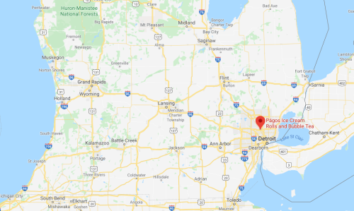 Map of Michigan highlighting the location of Pagos Ice Cream Rolls and Bubble Tea near Detroit.