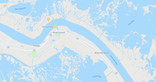 Map showing Fort Jackson and the surrounding areas, including Triumph and Boothville-Venice, with waterways visible.