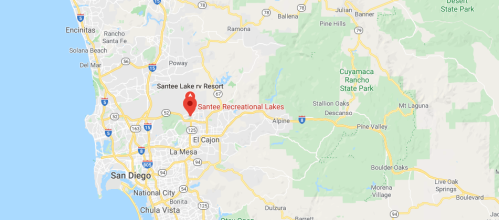 Map showing the location of Santee Recreational Lakes near San Diego, California, with nearby highways and landmarks.