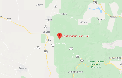 Map highlighting the location of San Gregorio Lake Trail near Cuba, New Mexico.