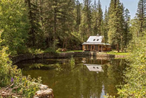 A serene cabin by a pond, surrounded by tall trees and lush greenery under a clear blue sky.