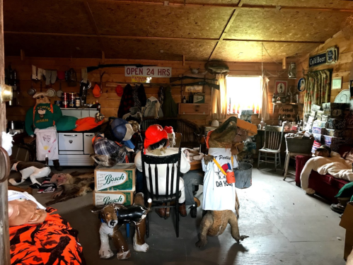 A rustic cabin interior filled with eclectic decor, furniture, and stuffed animals, creating a cozy, lived-in atmosphere.