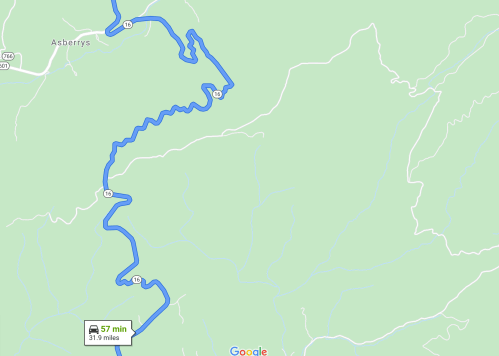 Map showing a winding route with a travel time of 57 minutes for 31.9 miles, near Asberrys.