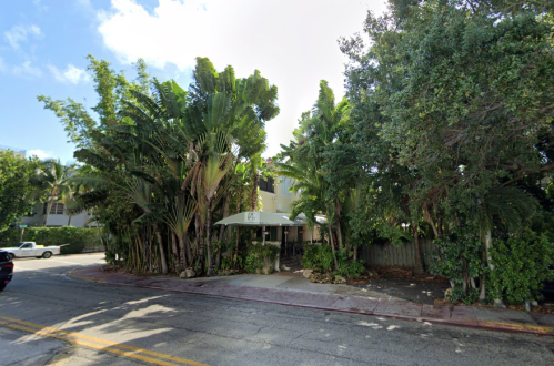 A street view of a lush, green area with tall palm trees and a small entrance under an awning.