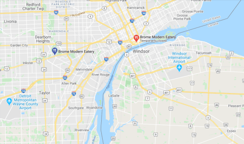 Map showing Windsor, Ontario, and nearby areas, including major roads and landmarks like Windsor International Airport.