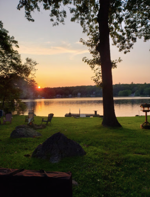 A serene lakeside scene at sunset, with trees, a grassy area, and a calm water reflection.