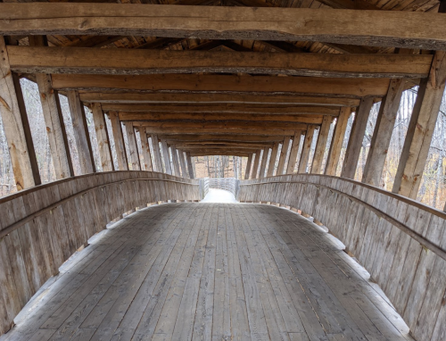 A wooden covered bridge with a curved pathway, surrounded by trees, leading into a serene, natural setting.