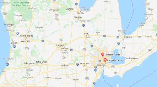 Map of Michigan highlighting locations of Condado Tacos in Dearborn and other nearby cities.