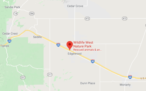 Map showing Wildlife West Nature Park near Edgewood, New Mexico, along Route 40, with nearby landmarks.
