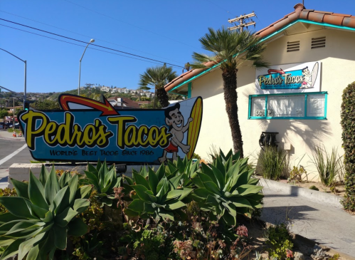 A colorful sign for Pedro's Tacos, featuring a cartoon character, outside a taco restaurant with palm trees.