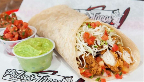 A large chicken taco wrapped in a tortilla, served with salsa and guacamole on the side.