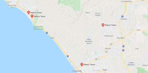 Map showing locations of "Pedro's Tacos" near San Onofre State Beach and in Oceanside, California.