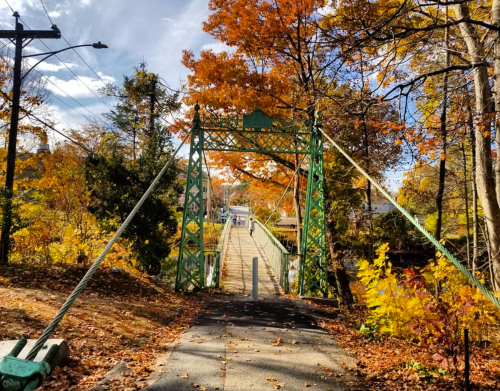 A green suspension bridge surrounded by colorful autumn foliage and a clear blue sky.