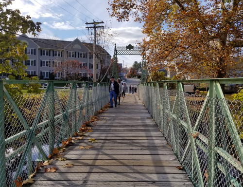 A wooden pedestrian bridge with people walking, surrounded by autumn foliage and buildings in the background.