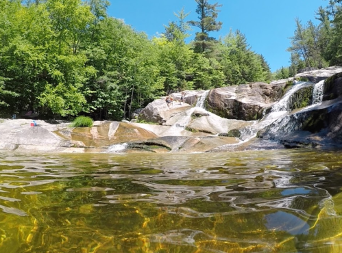 A serene waterfall cascades over rocks into a clear pool, surrounded by lush green trees under a bright blue sky.