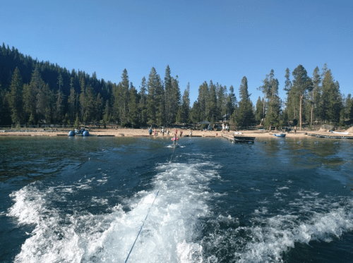 A view of a lake with a boat's wake, surrounded by trees and a sandy beach with people enjoying the sun.