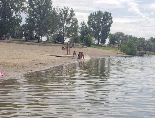 Two children play near the water's edge on a sandy beach, with trees and people in the background under a cloudy sky.