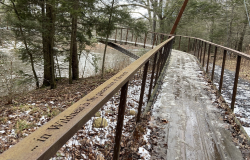 A winding metal path through a forest, with a quote about wilderness engraved on the railing beside a river.