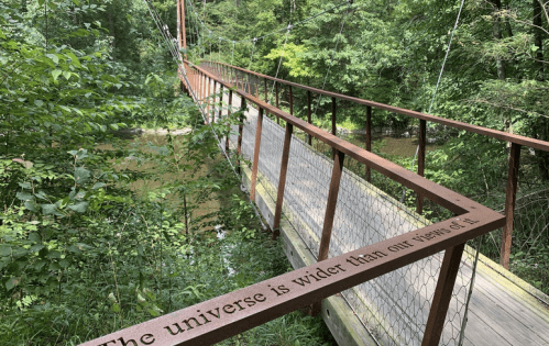 A suspension bridge surrounded by lush greenery, featuring a quote about the universe on the railing.