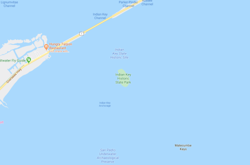Map showing Indian Key Historic State Park and nearby waterways, with labels for channels and landmarks.