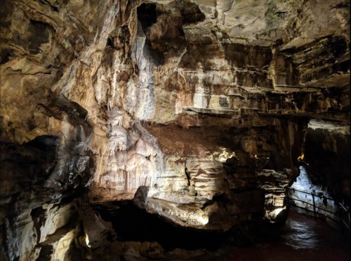 A dimly lit cave interior with rocky formations and a small pool of water, showcasing natural textures and shadows.