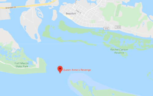 Map showing coastal area near Beaufort, North Carolina, with a marker for "Queen Anne's Revenge" location.