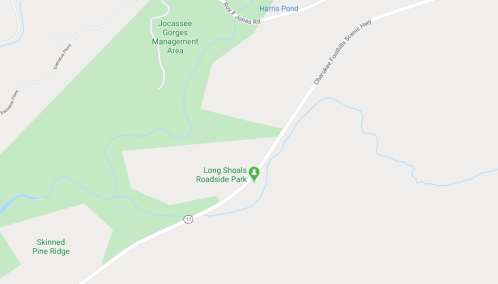 Map showing the area around Long Shoals Roadside Park, with nearby features like Jocassee Gorges Management Area and Harris Pond.