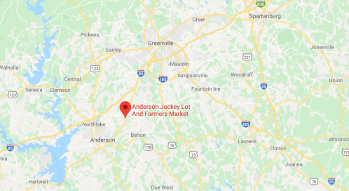 Map showing the location of Anderson Jockey Lot and Farmers Market in South Carolina, near Anderson and Greenville.