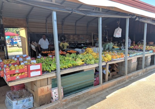 A vibrant market stall filled with various fruits, including bananas, pineapples, and oranges, with vendors in the background.