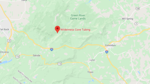 Map showing Wilderness Cove Tubing location in the Green River Game Lands area, near Saluda and Columbus.