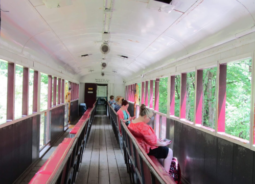 Interior of a vintage train car with passengers seated along the benches, surrounded by large windows and greenery outside.