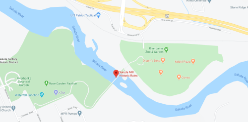 Map showing the Saluda River area, including Saluda Mill historic ruins and nearby attractions like Riverbanks Zoo & Garden.