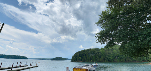 A serene lake scene with boats docked, surrounded by lush greenery and a cloudy sky.