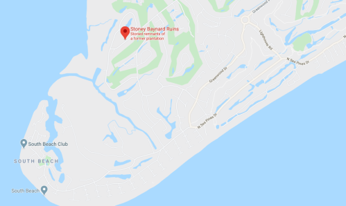 Map showing Stoney Baynard Ruins, remnants of a former plantation, located on an island near South Beach.