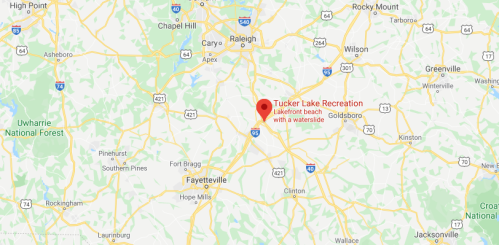Map showing Tucker Lake Recreation area with a beach and waterslide, located near Raleigh, North Carolina.