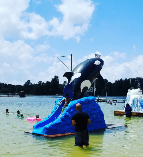 A child slides down a blue slide on a large orca sculpture in a lake, with people enjoying the water around them.