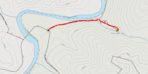 Map showing a trail to Spoonaugue Falls, with a red line indicating the route along the river.