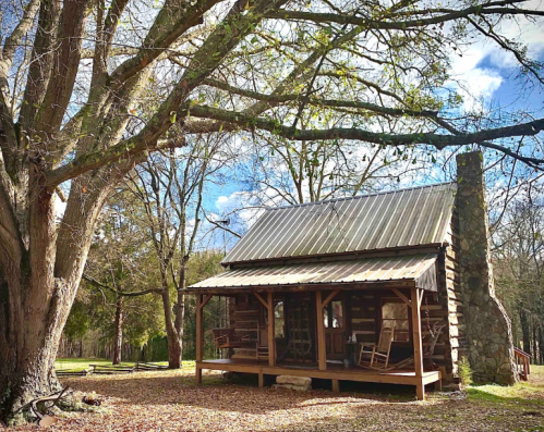 A rustic log cabin with a metal roof, surrounded by trees and a stone chimney, set against a blue sky.