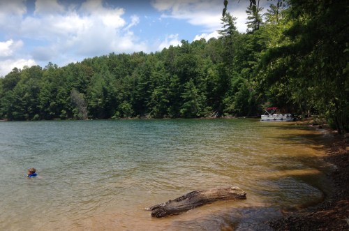 A serene lake surrounded by lush green trees, with a person swimming and a boat anchored nearby.