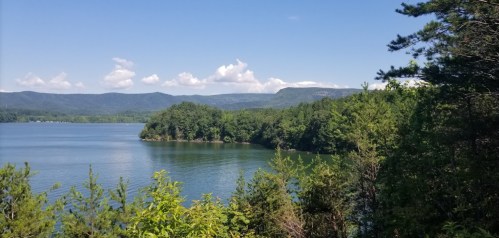 A serene lake surrounded by lush green trees and distant mountains under a clear blue sky.