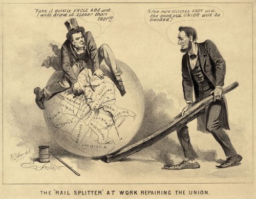 Political cartoon depicting Lincoln and a caricatured figure repairing the Union, symbolized by a globe and a large stick.