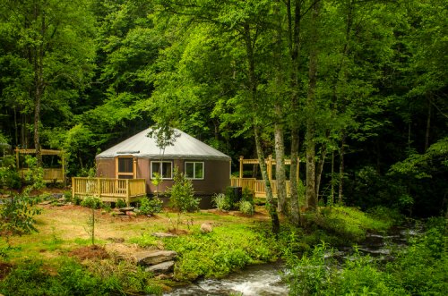 A cozy yurt surrounded by lush greenery and trees, next to a flowing stream in a serene forest setting.