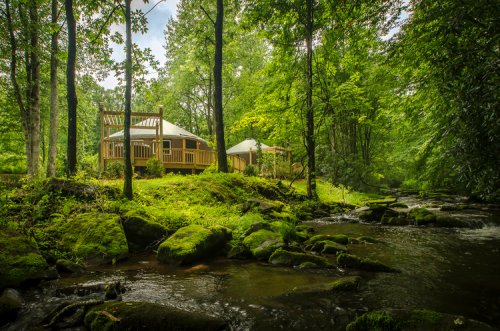 A serene cabin by a stream, surrounded by lush greenery and trees, with a wooden deck overlooking the water.