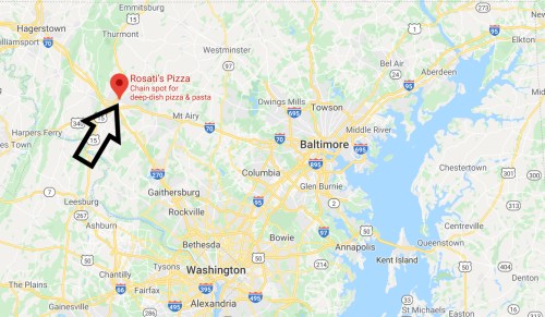 Map highlighting Rosati's Pizza location, a chain known for deep-dish pizza and pasta, near Washington, D.C.