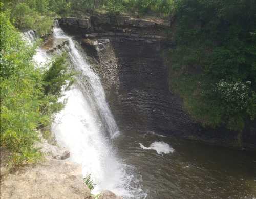 A waterfall cascading over rocky cliffs into a calm pool, surrounded by lush greenery.