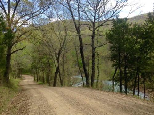 A winding dirt road surrounded by trees, with a river visible in the background under a clear blue sky.