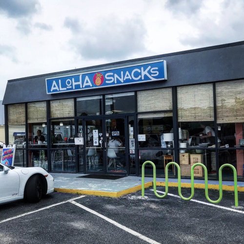 Exterior of Aloha Snacks, featuring a blue sign, large windows, and a white car parked outside. "Now Open" sign visible.