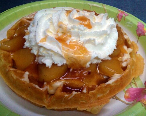 A waffle topped with whipped cream, caramel sauce, and sliced apples on a paper plate.