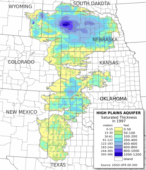 Map of the High Plains Aquifer showing saturated thickness in meters and feet across several states in 1997.