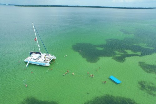 A catamaran anchored in clear green waters, with people swimming and a floating platform nearby.
